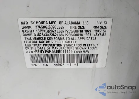 2014 Honda Pilot Touring z USA, uszkodzony, nr VIN 5FNYF4H94EB011149